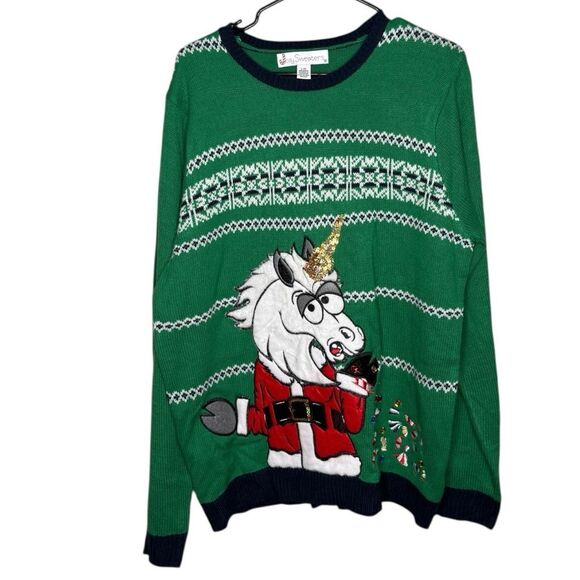 Jolly Sweaters Unicorn Barfing Candy Ugly Christmas Sweater Novelty Green Large - Picture 1 of 6